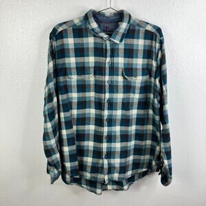 Woolrich Plaid Flannel Button Up Long Sleeve Shirt Mens XXL Blue Herringbone